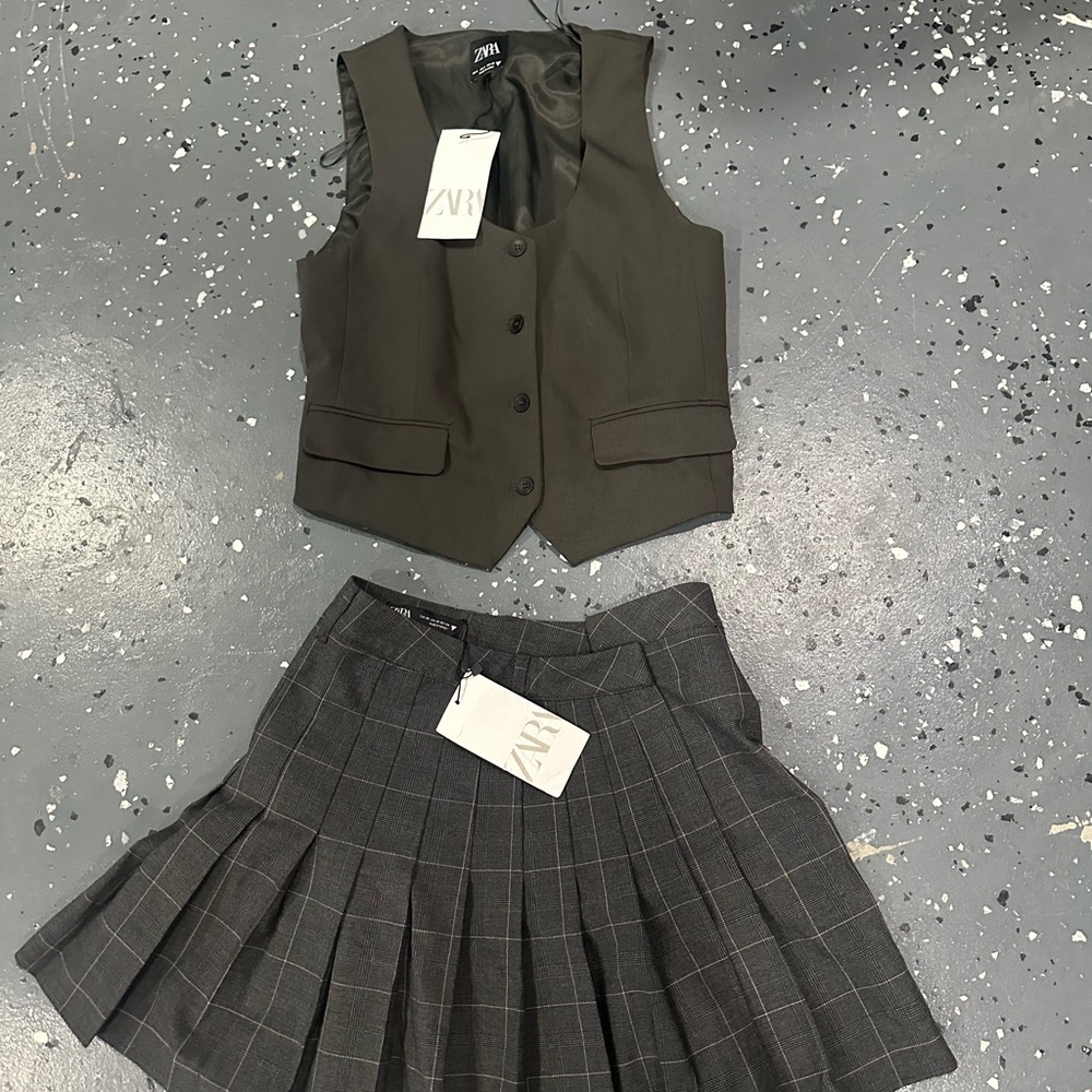 Zara Khaki Vest and Charcoal Checkered Skirt